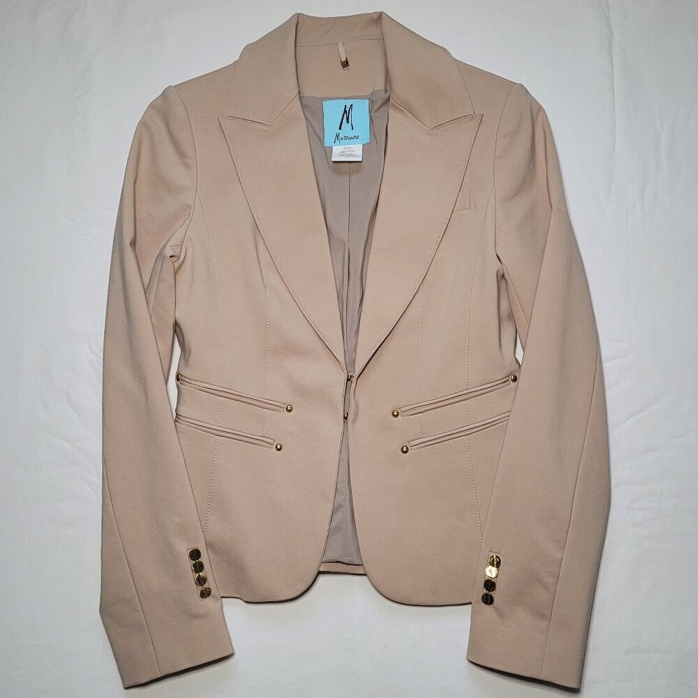 Marciano Beige Tan Fitted Blazer Gold-Tone Stud Button Detail Quiet Luxury Sz 4